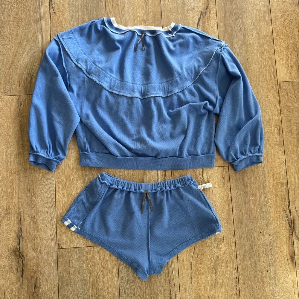 Anthropologie Blue Waffle Knit Eyelet Lace Ruffle‎ Sweatshirt Shorts Set Size XS - Picture 12 of 15